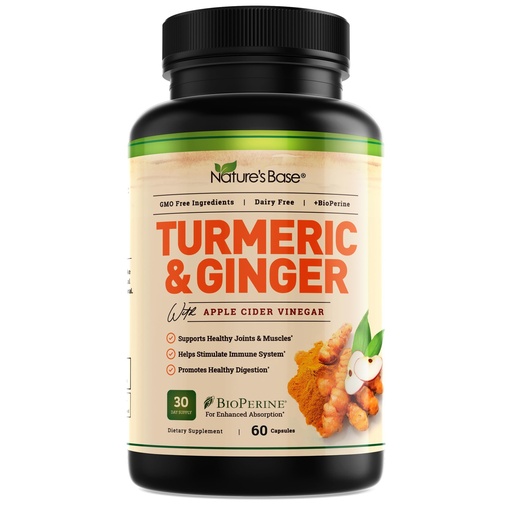 [BRSWYYIDBZYG2CAV] Nature's Base Turmeric and Ginger Supplement - with Curcumin, Apple Cider Vinegar & BioPerine Black Pepper Extract - 95% Curcuminoids - 60 Capsules