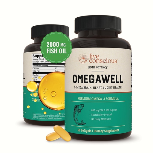 [BRSWGEDQBYDROC3F] Live Conscious OmegaWell Omega 3 Fish Oil - 2000mg Capsules: Heart, Brain, & Joint Support - 800 mg EPA 600 mg DHA - Sustainably Sourced - Softgels - 30 Day Supply