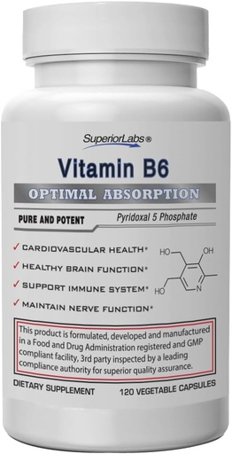 [BRSWIHQOAQIQA3DG] Superior Labs Vitamin B6 50mg, Pure Non-GMO Supplement, High Absorption, Supports Immune & Nervous System, Brain Function, Metabolism & Heart Health, Essential for Hemoglobin Production, 120 Veg Caps