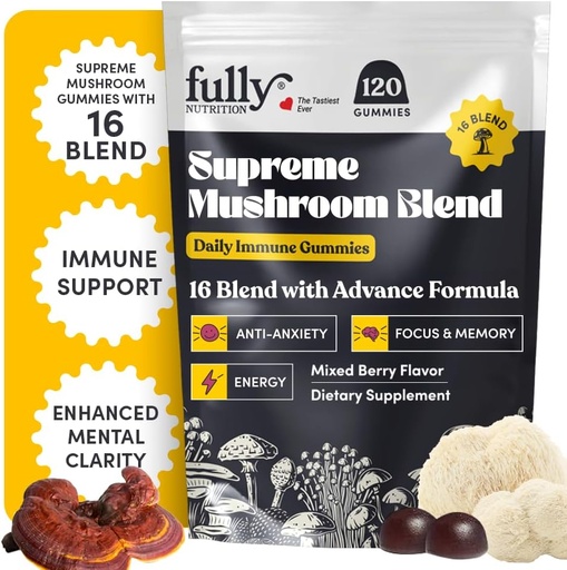 [BRSRAEA2DJ6QAH35] 16 Mulhroom Gummies - Jamur untuk Orang dewasa, Suplemen Jamur dengan Chaga, Lions Mane, Reishi, Cordyceps untuk Fokus & Kejelasan, Mendukung Jamur Michroom
