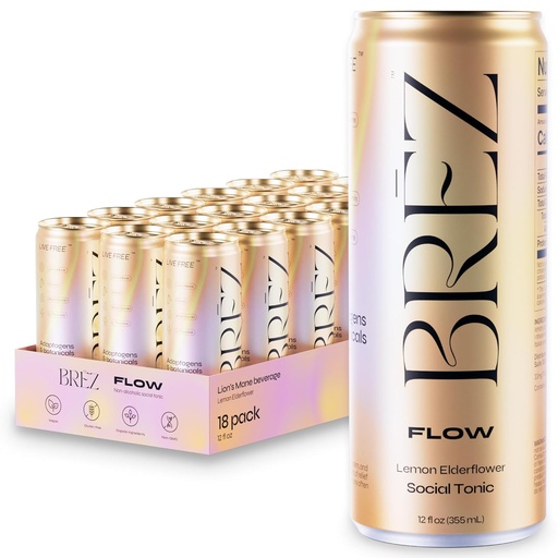 [BRSRAZAEOJ6AOHQY] BREZ FLOW Lion’s Mane Mushroom Drink, 18-Pack, Non-Infused, Adaptogens, Relieving, Uplifting, and Social, Sparkling Lemon Elderflower Tonic 12 Fl oz