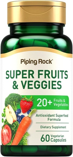 [BRSRMHAHDIFBGCD2] Piping Rock Fruits and Veggies Supplement ← 60 Capsules ← Superfood Fruit and Vegetables Vitaminas  with Prebiotic Blend ← Fórmula Vegetariana ← No GMO, Gluten Free