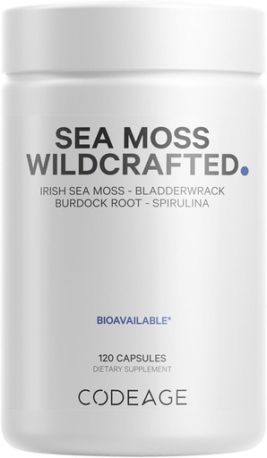 [BRSW2EAQDJYRG3AV] Codeage RaDcrafted Sea Mos, Spirulina Algae, Bladderwrack Seaweed, Burdock Root, Black Pepper, Vegan, Non-GMO, 120 Capsules
