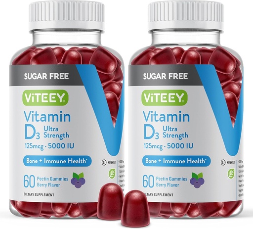 [BRSRMFATC4FBSF3P] VITEEY-vitamiini D3 Gummies for Aikuinen & Teini - 5 000 IU, 125 mcg, Ultra Strength - Sokeriton, luuton, nivel- ja lihasterveys, immuuni Boost - Kasvissyöjä, Liivate - Maku pureskeltava Marjamaku