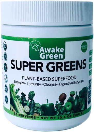 [BRSRMAA3OJ5QY3YU] Awake Green - Super Greens - Superfood Powder - USDA Organic Non-GMO Vegan Supplement - for Digestive & Bloating Relief - 20+ Whole Foods (Spirulina, Wheat Grass, Barley), Probiotics, Fiber & Enzymes