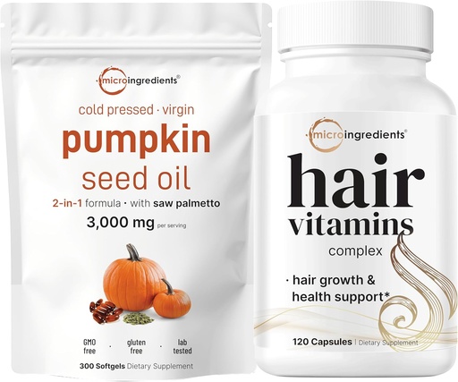 [BRSRAAQ3BMIAG33V] Micro Ingredientes Pumpkin Seed Oil com serra Palmetto 3.000mg Softgels & Hair Vitaminas Cápsulas Complexos 2 Pack Bundle Óleo Virgem Pressionado Frio 14-em-1 Suporte ao crescimento do cabelo com Colágeno e Biotina