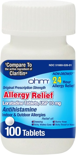[BRSWIYYEAJ6BE3IV] Ohm Allergy Pills - Loratadine Allergy 24 ore Non Drowsy Relief per Allergie Stagionali, Sneezing - Loratadine 10 mg Antistamina per Efficace Relief Sintomo 24 ore - 100 Conte