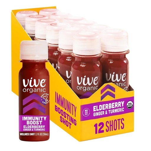 [BRSWYZQYA4DQK2TZ] Vive Organic Immune Support Elderberry Shot, Cold-Pressed Turmeric & Ginger, Gluten Free, Vegan, Immunity Boost Elderberry, 2 Fl Oz (Pack of 12)