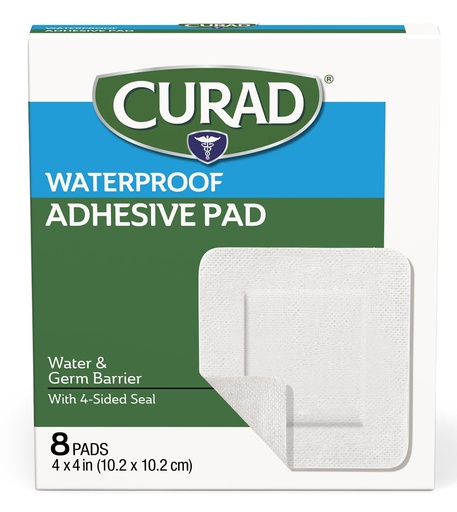 [BRSWKZQGC54WE23I] CURAD White Waterproof Adhesive Pads, 4" x 4", Advanced Wound Care, 1 Box, 8 Count