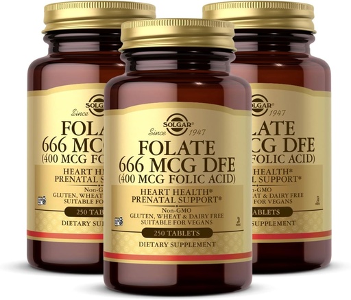 [BRSWIZ34OIIBUFYZ] Solgar Folat 666 mcg DFE (Folna kislina 400 mcg) - 250 tablet, pakiranje 3 - prednatalna podpora - ne- GMO, Vegan, Gluten Free, Dairy Free, Kosher - 750 skupnih servingov