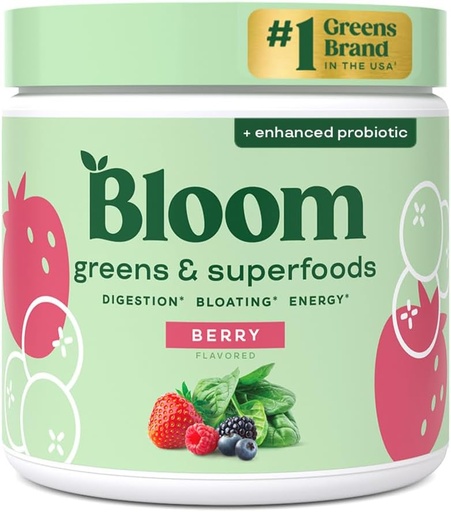 [BRSWYAQYO4CW2HLO] Bloom Nutrition Superfood Greens Порошок, Травні ферменти з пробіотиками і пребіотики, Гут здоров'я, Покриття для жінок, хлорелла, Зелений сік мікс з буряковим порошком, 30 SVG, Беррі