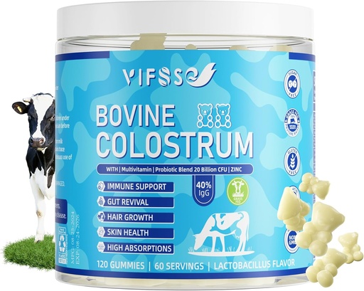 [BRSRAEIOCFYGGFIU] Grass Fed Colostrum Supplement 2000mg, 120 Gummies Sugar Free 40% IgG Bovine Colostrum Gummies + Probiotic, Multivitamin Etc for Immune Support, Gut Support, Hair & Skin