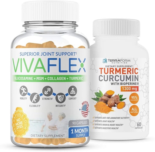 [BRSWGAADOIBAMA33] TerraForm Nutrition Joint Relief Combo Pack – Vivaflex Plus Turmeric Curcumin – Best Joint Supplements to Help Ease Joint Discomfort & Promote Mobility – 1 Month Supply