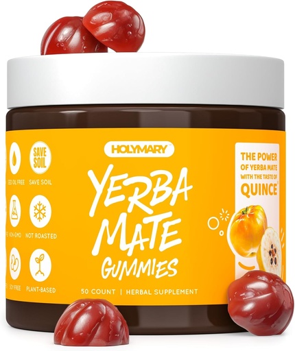 [BRSW2HALOV5GOYA6] Holymary Yerba Mate Gummies, Quince - Narejena z organskim, nepraženim Yerba Mate. Brez dodanega kofeina. Vegan, ne-GMO, Gluten-free, Kosher. 50 Delicious Supplement Gummies