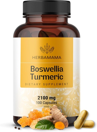 [BRSWGA37AEHQ2A3F] HERBAMAMA Turmeric и Boswellia Extract капсули - 2100mg Boswellia Serrata & Turmeric Complex with Black Pepper Extract - Веган, нон-GMO, 95% Curcuminoid Антиоксидант добавка, 100 Caps