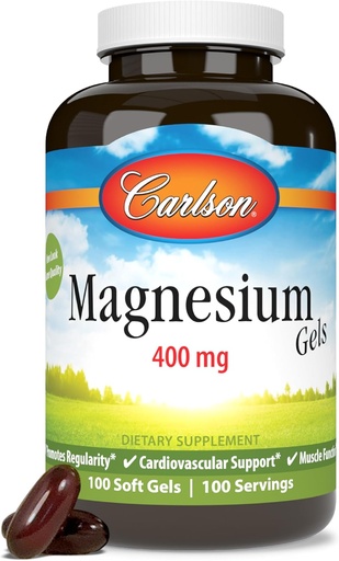 [BRSWIYILCUAAACTG] Carlson - Magnesium Gels, 400 mg of Magnesium per Softgel, Heart & Muscle Support, Magnesium Gel Caps, Bowel Function, Magnesium Supplement, 100 Softgels