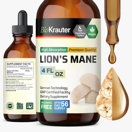 [BRSWYEIOOENBGEIU] BIO KRAUTER Lions Mane Flytende Ekstrakt - Mushroom Supplement for Brain Support - Vegansk Lions Mane Supplement - Alkohol & sukker gratis dråper - 4 Fl.Oz.