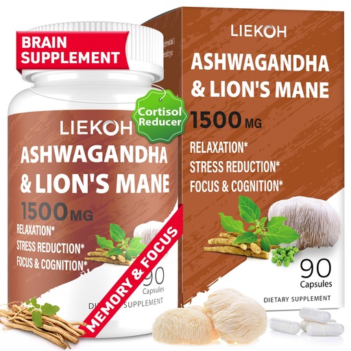 [BRSRAGQCCF5RMDY4] Lions Mane Supplement Capsules & Ashwagandha, Brain Health Supplement for Memory and Focus, Ashwagandha Supplements with Rhodiola & Black Pepper, Cortisol Supplements for Women & Men,90 Caps