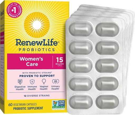 [BRSWIF3ZBUGQA33G] Renew Life Women's Probiotic Capsules, Supports Vaginal, Urinary, Digestive and Immune Health, L. Rhamnosus GG, Dairy, Soy and gluten-free, 15 Billion CFU, 60 Count