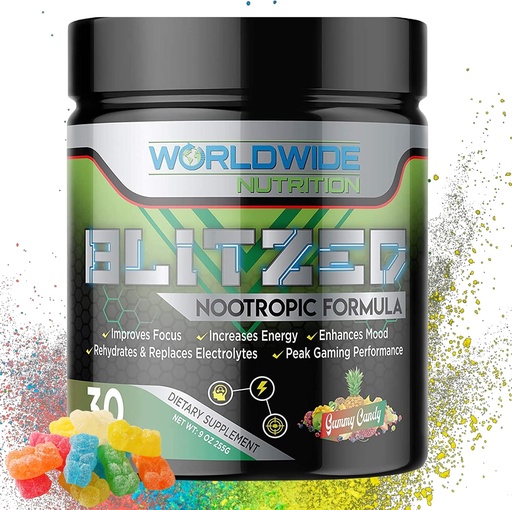 [BRSRMHQYBANQ43L7] Worldwide Nutrition Blitzed Nootropic Formula - All Natural Energy Drink Mix Powder - Brain Supplements for Memory and Focus - Enhanced Focus and Energy Supplement- Gummy Candy Flavor - 30 Servings
