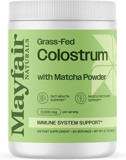 [BRSRAATYBEGRE2YY] Grass-Fed Bovine Colostrum Supplement with Matcha Green Tea Powder, for Kids & Adults, Immune System Support, Gut Health and Muscle Recovery, 60 Servings
