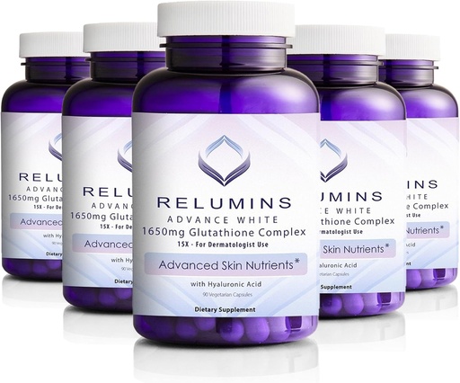 [BRSROC3RPIAQKGY7] Relumins 1650mg L-Glutathione Complex with Hyaluronic Acid, Alpha Lipoic Acid, Rose HIPS, Vitamin E & Riboflavin, Antioxidant Support, Skin Hydration & Wellness, Made in USA – 90 Capsules x 5 Bottles