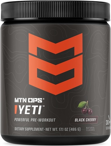 [BRSRA2T5PMPRAC3K] MTN OPS Yeti pirmsstrādāšanas pulvera enerģijas dzēriens ar kreatīnu, 200 mg kofeīna un BCAA ar beta alanīnu, 30-serving tub, Black Cherry