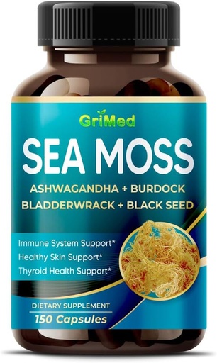 [BRSROZT2ORYRMGY6] Premium Sea Moss ar Ashwagandha, Bladderwrack, Black Sea Sēklas Imūnās sistēmas, Ādas, Digestion & Energy-Ražots ASV (150 Grāfs (1. iepakojumā))