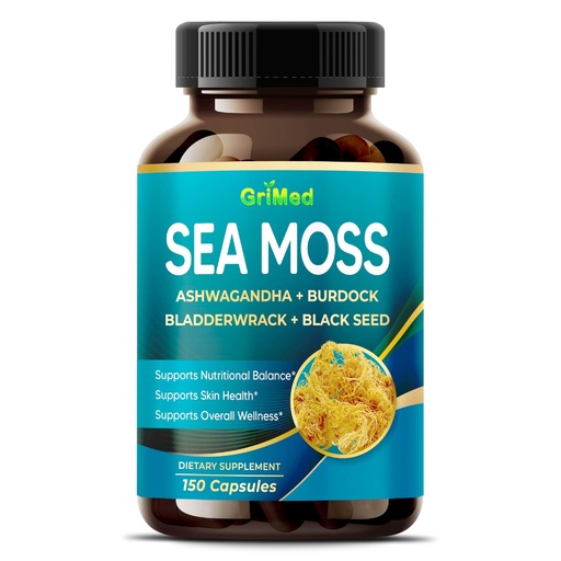 [BRSROZT2ORYRMGY6] Premium Sea Moss with Ashwagandha, Burdock Bladderwrack, Black Seed for Immune System, Skin, Digestion & Energy (150 Count (Pack of 1))