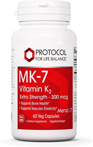 [BRSWYZ34CUGRSADJ] PROTOCOL FOR LIFE BALANCE MK-7 Vitamin K2 300mcg - Extra Strength - VIT K Supplement - MK-7 Vitamin K2 Life Balance - Support Bone Health & Vascular Elasticity - Non-GMO & Vegan - 60 Veg Capsules