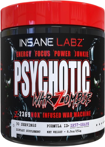 [BRSRMFIQCECQGCA4] Insane Labz Psychotic War Zombie High Stimulant Pre Workout Powder, Extreme Lasting Energy, Focus and Pump with Beta Alanine, L-Arginine, 30 Servings (Grape)