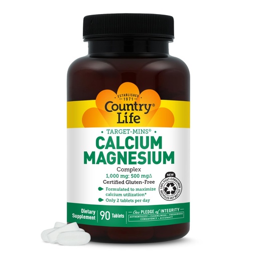 [BRSWIYT3OMAB4AD2] Country Life Target-Mins Calcium Magnesium Complex 1000mg/500mg, 90 Tablets, Certified Gluten Free, Certified Vegan, Certified Non-GMO Verified