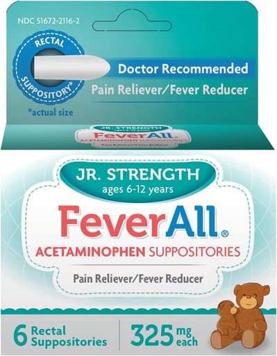 [BRSROBIZBZ6BOCTZ] Feverall 아이들 Acetaminophen 좌약 6 Rectal 좌약 325mg 각 고통 Reliever/Fever 흡진기. Paraben는, 인공적인 색깔 없음 또는 다른 보존합니다. 연령 6-12 세