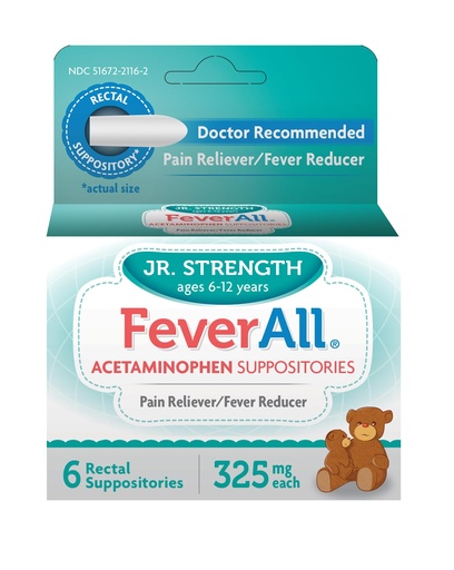 [BRSROBIZBZ6BOCTZ] Feverall Children Acetaminophen Suppositories 6 Rectal Suppositories 325mg Each Pain Reliever/Fever Reducer. Paraben Free, No Artificial Colors or Other preservatives. Ages 6-12 Years