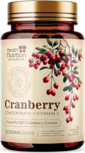 [BRSRA23QPIOREELA] Cranberry Pills Dodatek 25,000mg - Fresh Cranberry Ekvivalentní prášek Extrakt s Vitamíny C & E - Močová Trakt Podpora zdraví, Cran Berry Ovoce, Sugar Free Formule, Lahvička v USA - 120 Kapsle