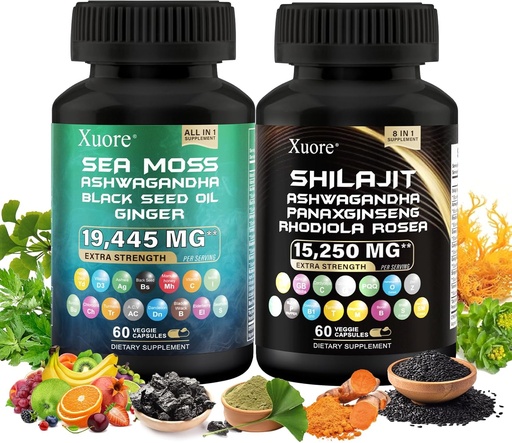 [BRSRM2TRPMCWGEQY] The Bundle of Shilajit and Sea Moss, Sea Moss, Black Seed Oil, Ashwagandha, Ginger, Shilajit, Rhodiola Rosea, Panax Ginseng,120 kapslit Kõik ühes täienduses, (1 pakend).