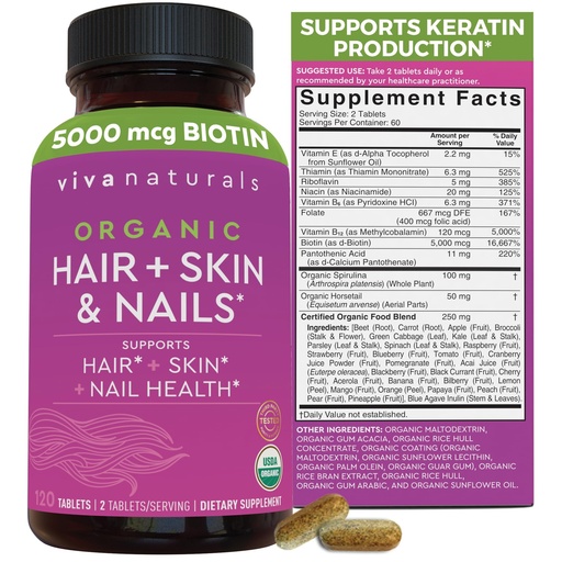 [BRSWGAICB4FBQDQ2] Biotin 5000 mcg Hair Skin Nails Vitamins for Women – Organic and Vegetarian-Friendly Supplement with Vitamin E, B-Vitamins, Spirulina, Horsetail and Superfood Blend to help Produce Keratin –120 Count