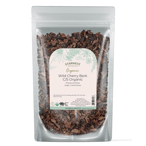 [BRSWIYAZAIARMGYZ] Starwest Botanicals Wild Cherry Bark Organic - szárított Loose Leaf Herb Tea, Szirup, & Natural Herbal Blens, Prunus Serotina, Cut & Sifted, Certified Kosher, Non-GMO - 4 oz Pouch