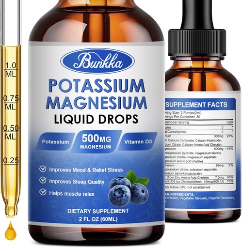 [BRSRAFAYO56WEDTB] Potassium Magnesium Supplement - High Absorption Magnesium Complex 500mg & Potassium 99mg Plus Calcium, Vitamin D3, Zinc, Sugar Free Drops Supplement for Leg Cramps, Energy, Metabolism(Blueberry)