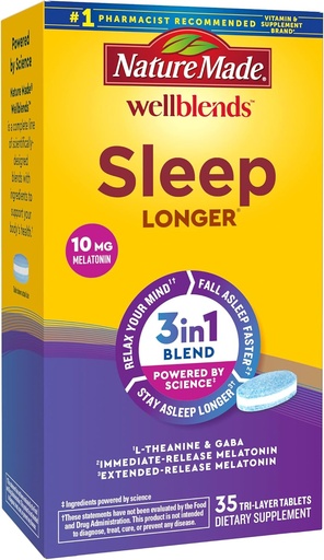 [BRSW2AIYCQCAY2YZ] Nature Made Wellblends Sleep Longer, Melatonin 10mg, L theanine 100 mg, and GABA 100mg, Sleep Supplement, 35 Tri-Layer Tablets