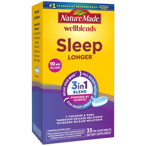 [BRSW2AIYCQCAY2YZ] Nature Made Wellblends Sleep Longer, Melatonin 10mg, L theanine 100 mg, and GABA 100mg, Sleep Supplement, 35 Tri-Layer Tablets