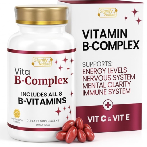 [BRSRAEIKBEBRS3L2] SIGNIFY NATURE VitaBComplex with Vitamin C and E, B Complex Vitamins for Women & Men, BComplex Supplements, VIT B1, B2, B3, B5, B6, B8, B9, B12, Super B Softgels - 60 CT