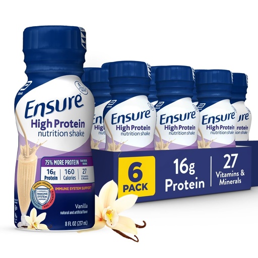 [BRSWKZTYO4GRWGY7] Ensure High Protein Vanilla Nutrition Shake with Fiber, Ready to Drink, 16g Protein and 27 Vitamins and Minerals, 8 fl oz, 6 Pack