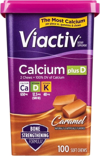 [BRSWIZT6OQAAEHLG] Viactiv Calcium Plus Vitamin D Supplement Soft Chews, Caramel, 100 Count