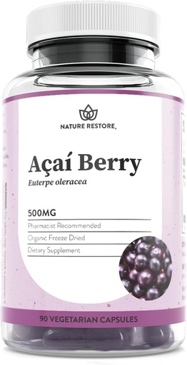 [BRSWGHTQBENWKA35] Nature Restore Organic Acai Berry Suplemento, Freeze Dried, 90 Acai Berry Capsules, Non GMO, Gluten Free, Vegan