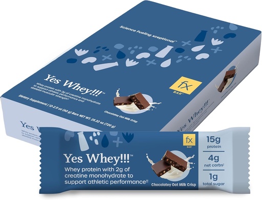 [BRSROCQ7BEFRMYL4] Fx Yes Whey Bar - 15g Whey Protein Bar with Creatine to Support Muscles, Energy & Peak Performance - 1g Sugar + 4g Net Carbs - Soy-Free Chocolate Oat Milk Crisp Flavor Protein Snack (12 Bars)