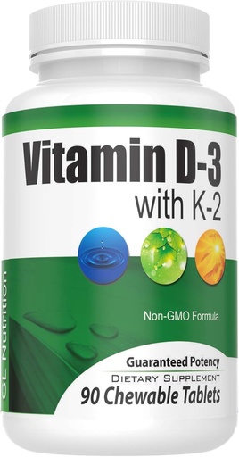 [BRSWKFY7OYPWOCT2] Chewable Vitamin D3 (2,000 IU) + K2 (MK7 75mcg) | 90 Count Easy Chewable Tablets for Highest Absorption | Benefits Heart, Bones, Skin, Dental Health, Regulates Immune Function | GL Nutrition