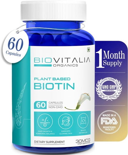 [BRSROFL2AUORSHT4] Plant Based Pure Biotin Supplement Capsules- Support Stronger Nails & Hair Growth Enriched with Sesbania Grandiflora Sunflower Seeds Amla Beetroot & Spinach - 60 Veg Capsules