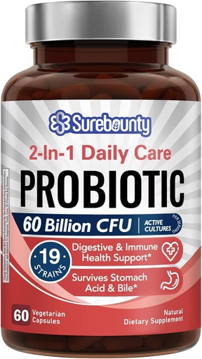 [BRSWGCQBB57QO2TL] Probiotikoak 60 Billion CFU 19 Strains for Men & Women, 100mg Prebiotikoak, Shelf Stable, 2-in-1 Eguneko arreta Probiotikoak, Ez-GMO, Digestive & Immune Health, 60 Veggie kapsulak