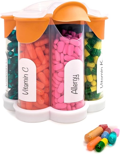 [BRSROCYBBB4B6GY7] Extra Large Pill Organizer Daily, Weekly, Monthly Supplement Bottle, Cute Blossom Pill Dispenser with 7 XL Compartments, Easy-Open Pill Box for Vitamins, Medications, Labels Included (Orange)